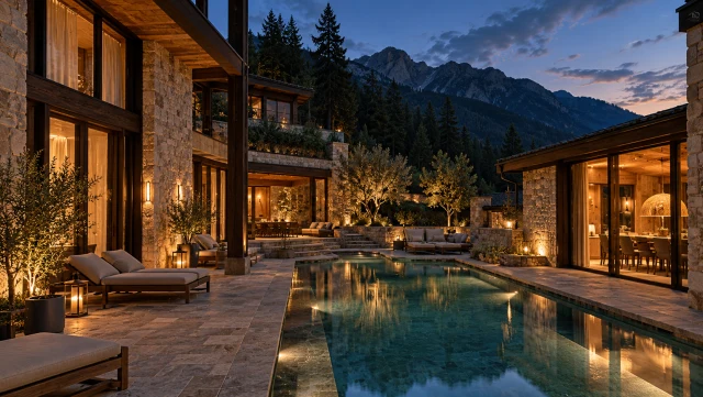 Avenora mountain hotel with a lit courtyard and pool