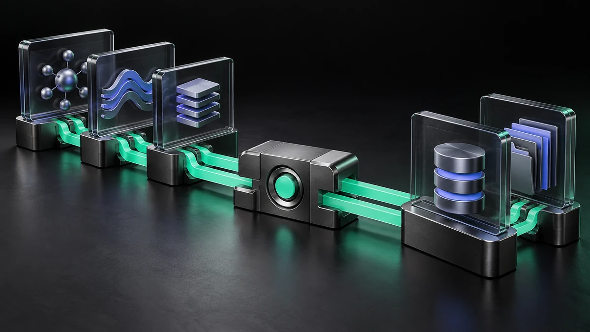 A graphite connecting module with mint rails between smoked-glass application panels and business archives