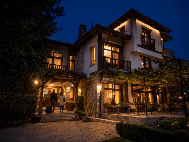Hotel entrance and outdoor area illuminated at dusk