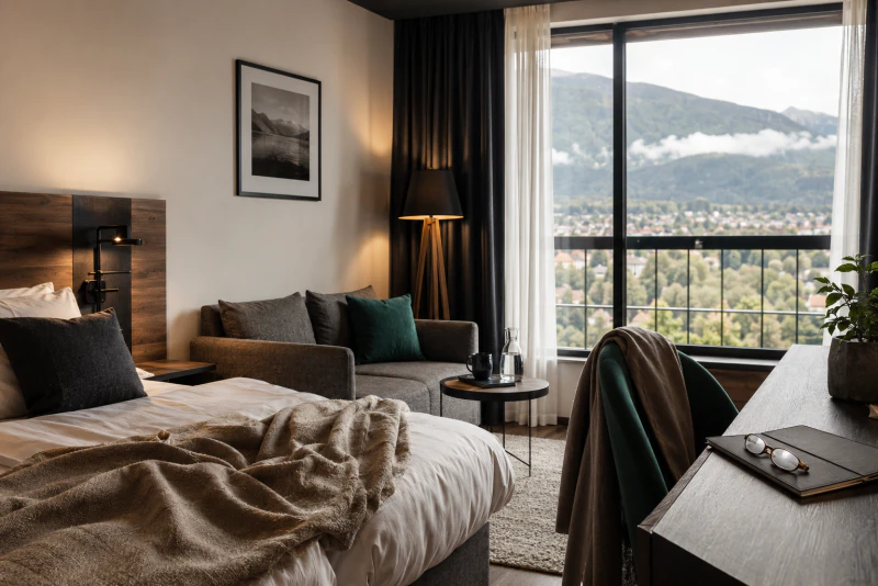 Hotel room with a double bed and mountain view