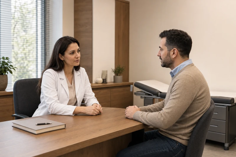 Doctor speaking with a patient in a consultation room