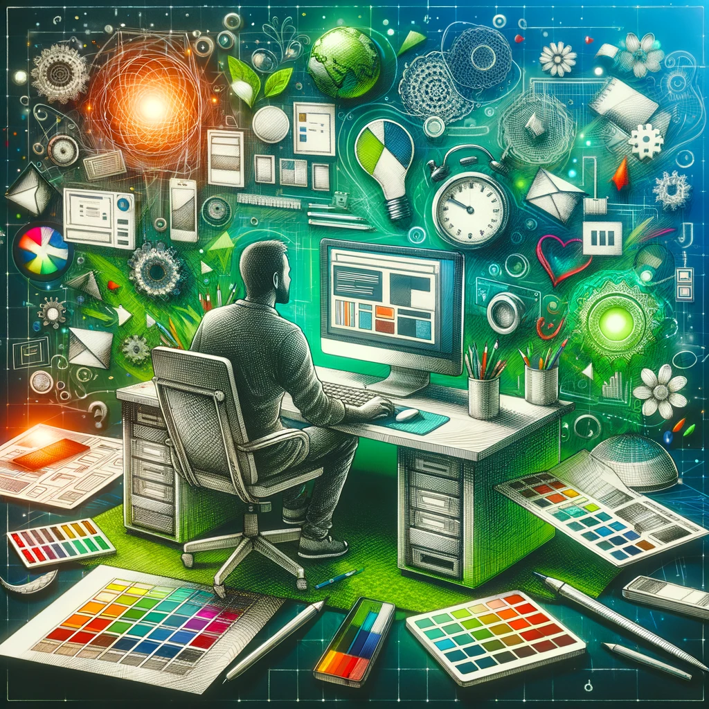 A creative and vibrant depiction of a web designer's workspace, illustrating the process of designing a unique website