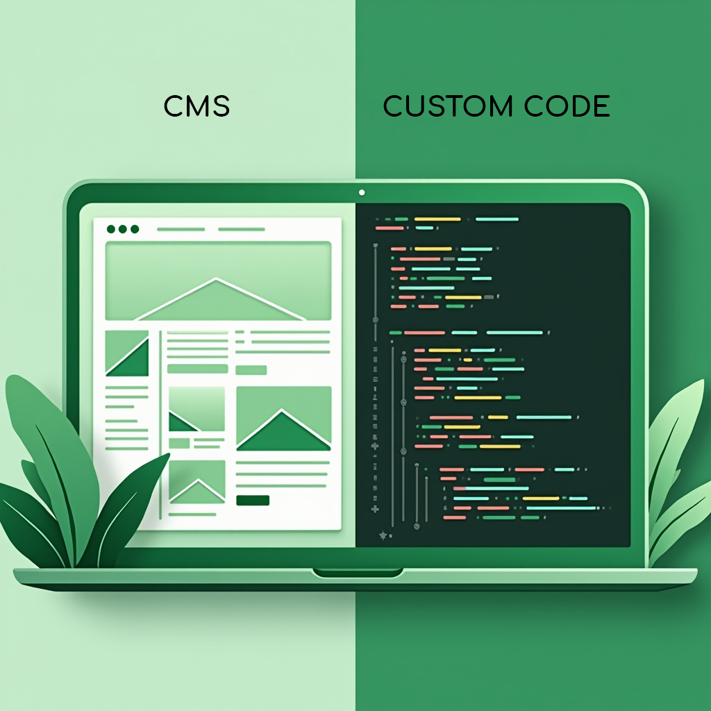 Split-screen laptop illustration comparing CMS interface with custom code for web development, highlighting user-friendly design on one side and advanced coding on the other.