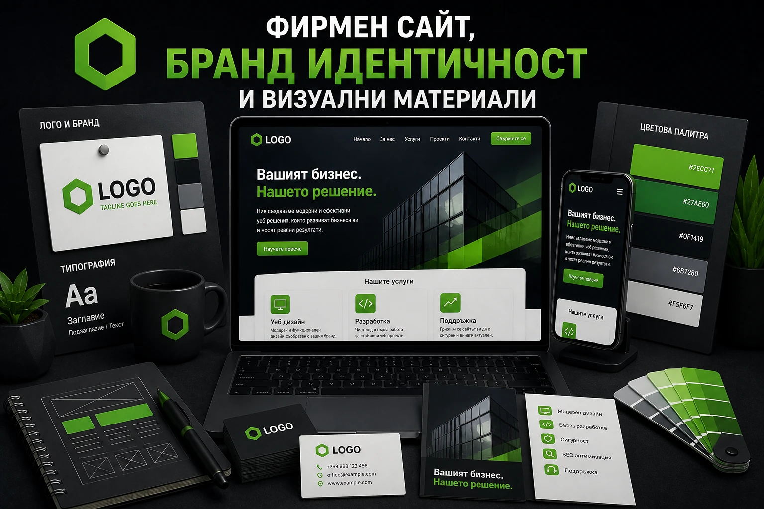 Фирмен сайт с бранд идентичност, визуални материали, цветове, лого и уеб дизайн елементи